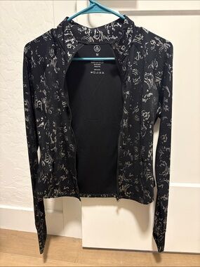 Black Zip-Up Jacket with Subtle Silver Abstract Print